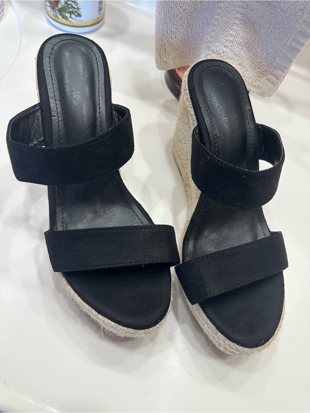 Black Suede Double-Strap Wedge Sandals